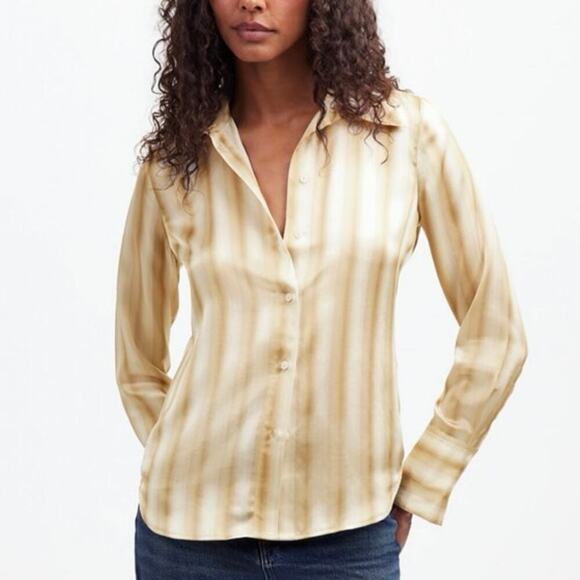 Madewell Slim Button Up Shirt 100% Silk Faded Khaki Stripe Size 4 NWT with Flaw - Picture 1 of 11